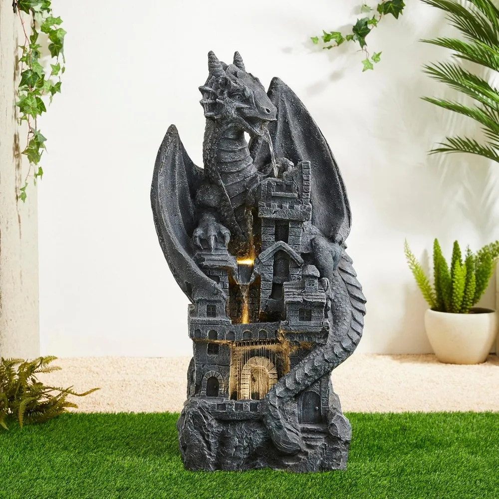 

Outdoor Fountains and Waterfalls 4 Tiers Cascading Outdoor Water Fountain, Resin Mystical Gothic Dragon Water Fountains