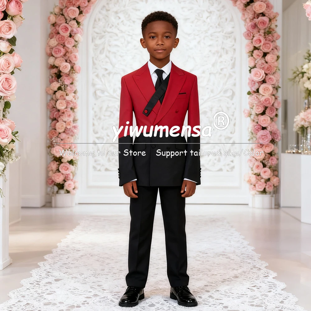

Unique Design Boy Suits For Wedding 2 Pieces Sets Double Breasted Jacket Pants Children Tuxedos Customized Spliced Prom Blazers