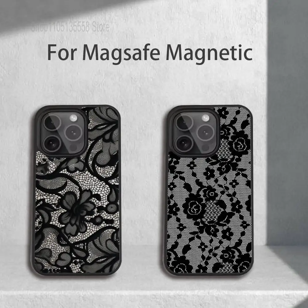 

Lace Print Pattern Phone Case For iPhone 17,16,15,14,13,12,11,Pro,Max,Plus,Mini,SE4,E Magnetic Magsafe Wireless Charging