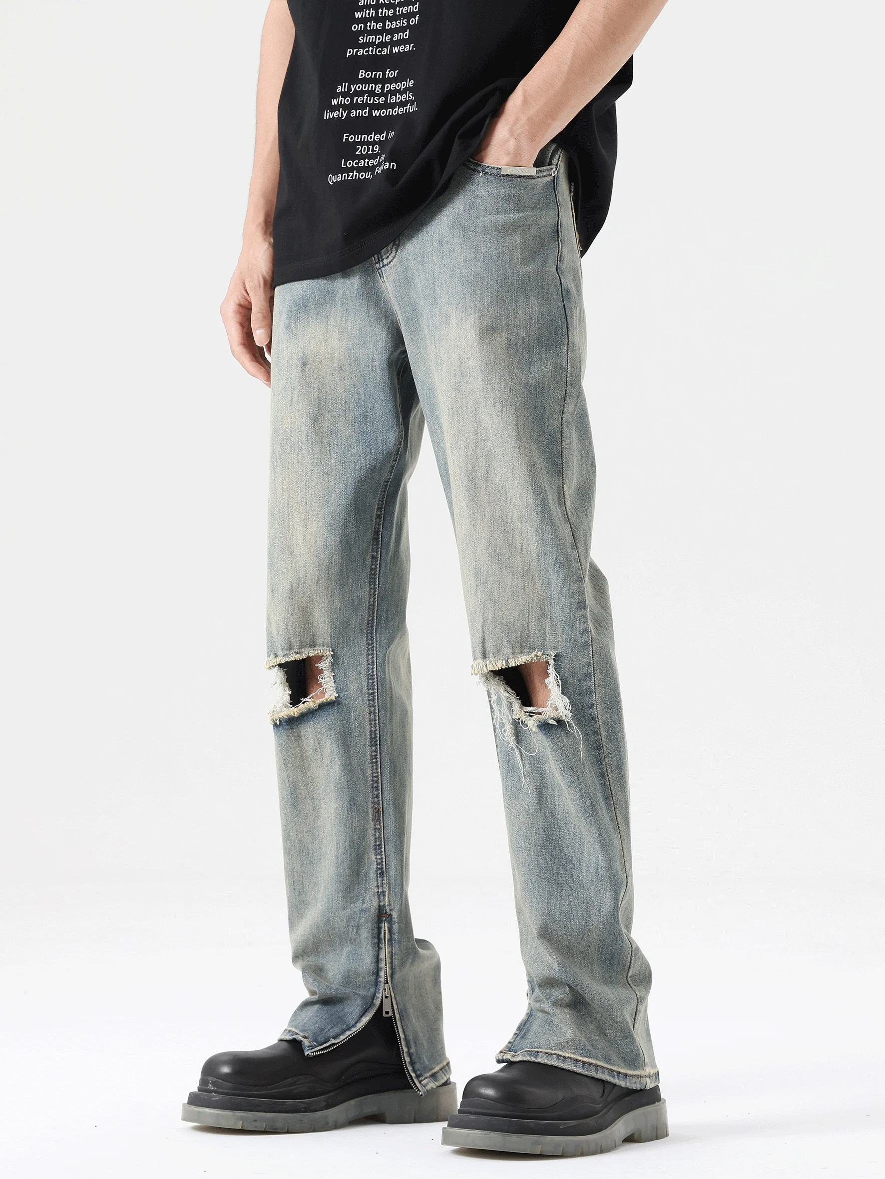 

Knee Holes Inside Zipper Jeans Stretch Straight Leg Pants High Street