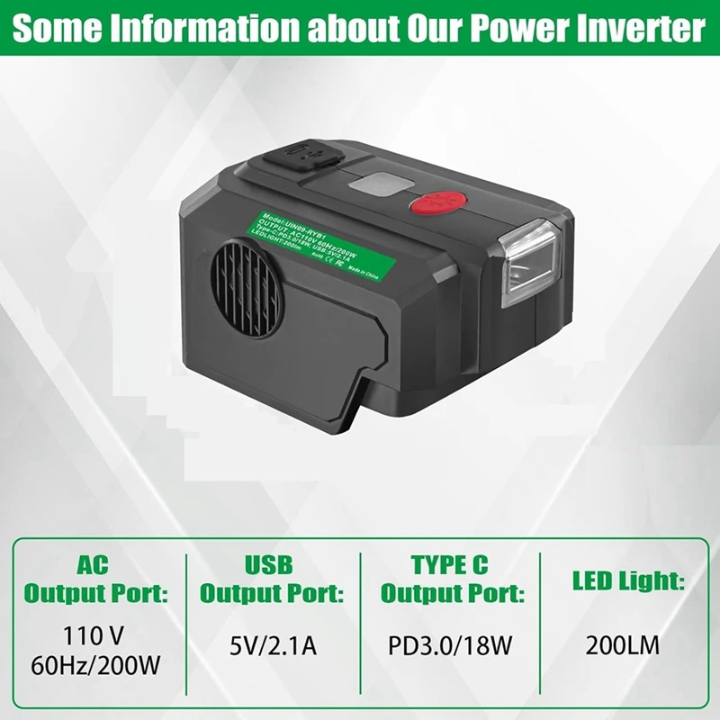 LJL-Power Inverter For Ryobi 40V Battery 200W DC 18V To AC 110V With USB Port&Type-C PD3.0 Output Port& LED Lighting US Plug