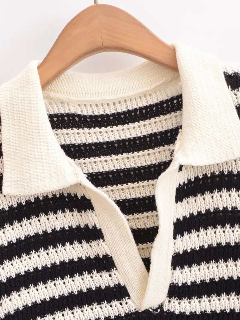 TRAFZR 2025 T-shirt en coton tricoté rayé pour femme col polo manches courtes décontracté printemps été quotidien rue week-end porter