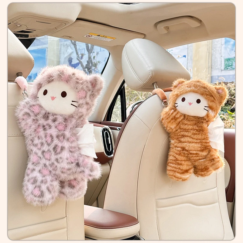 

Pink Leopard Print Cat Tissue Plush Toy Car Tissue Box Cute Toy Car Hanging Paper Box Golden Carving Printed Cat Tissue Box