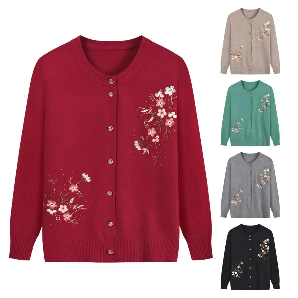 

Knitted Acrylic Cardigan Elegant Floral Embroidery Knit Cardigan for Stylish Round Neck Sweater Jacket with Long for Fall