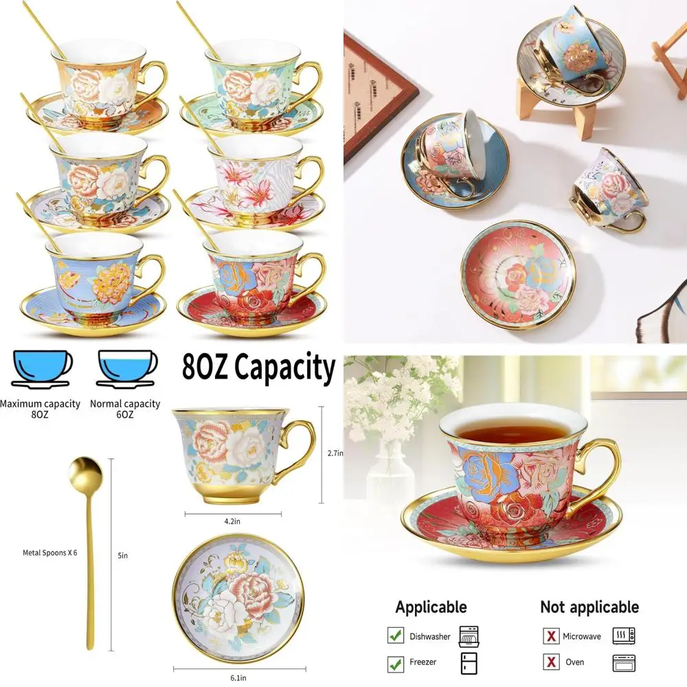 

tea cups and saucers, tea cup set of 6, 8 oz floral cups porcelain cup set for cappuccino, coffee, afternoon tea birthday party
