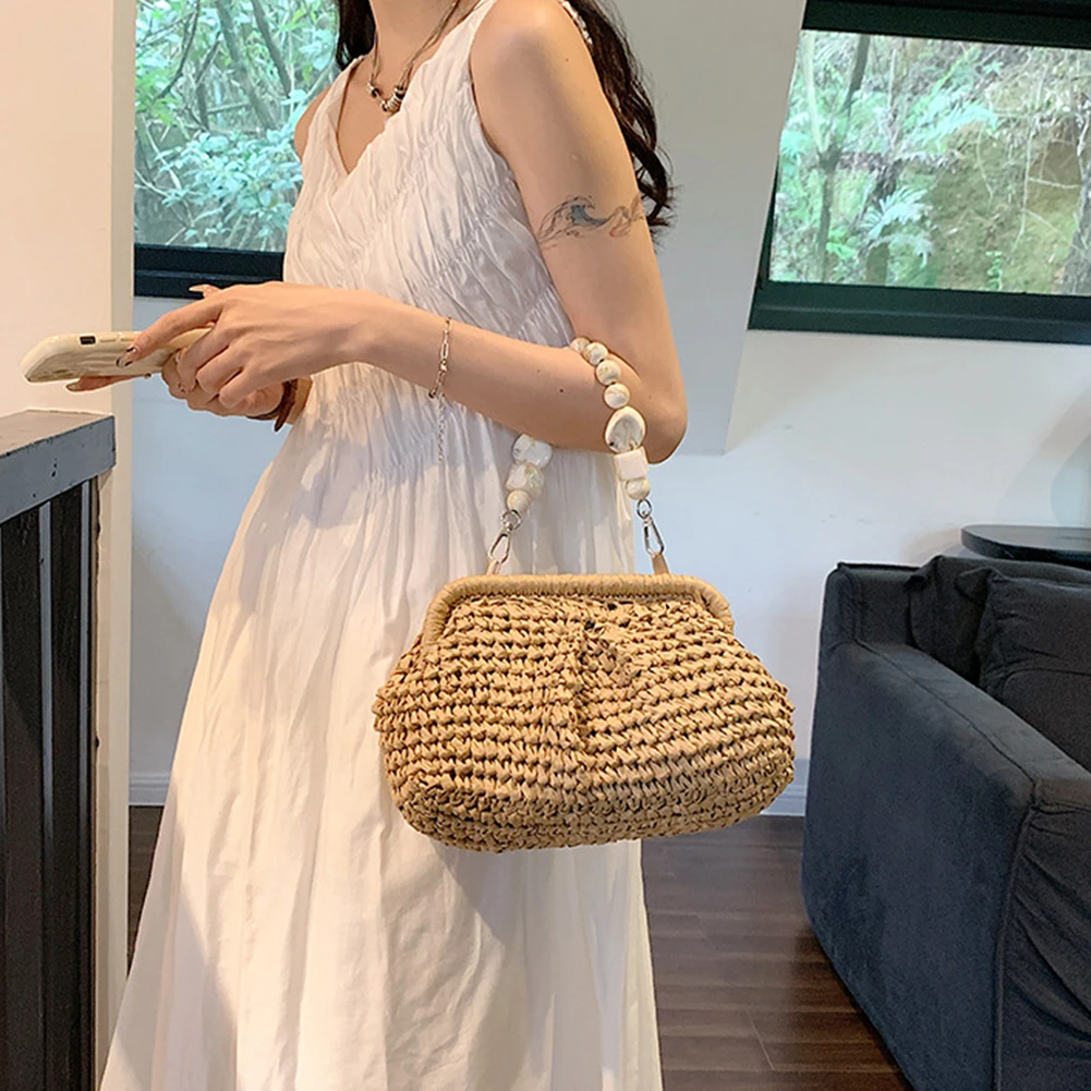 Women Straw Crossbody Bag Clutch Purse Weaving Shoulder Bag Versatile Small Beading Handbag Rattan Boho Summer Beach Woven Bag