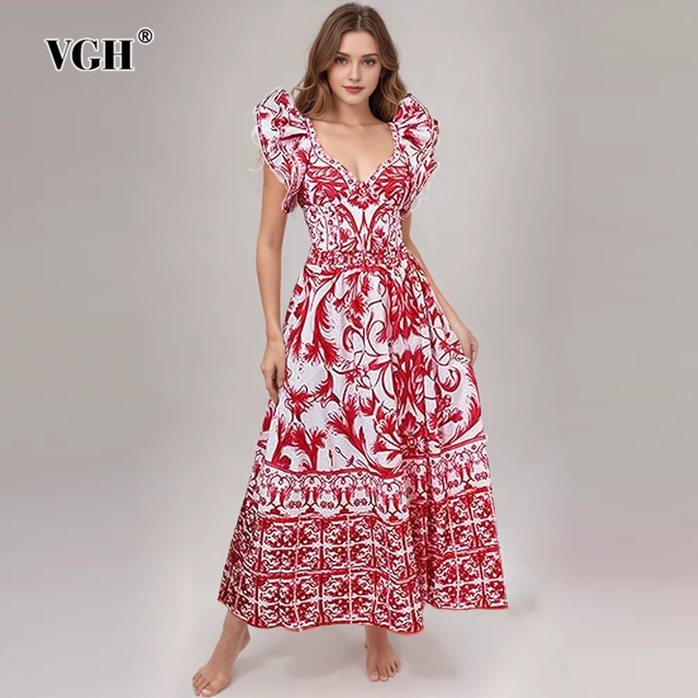 

VGH Hit Color Printing Two Piece Sets For Women V Neck Sleeveless Backless Bodysuits High Waist A Line Skirts Casual Set Female