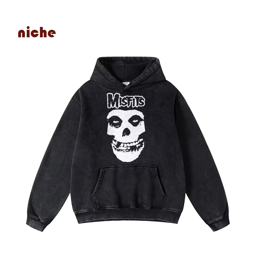 

Neutral Style Hooded Sweater Micro-Horror Hand-Painted Skull Print Washed Old Shoulder Fashion Trend New Hoodie Sweatshirt