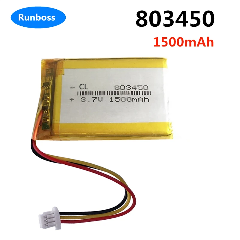 3.7V 1500mAh Lithium Polymer Lipo Rechargeable Battery + JST 1.0/1.25/1.5/2.0/2.5mm 3pin Connector For Mobile Phone DVD 803450