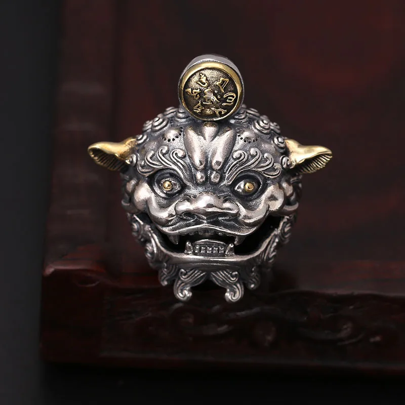 S925 Sterling Silver Pixiu Pendant Black Color Old Process Unisex Hollow Head Fine Jewelry FYNE416