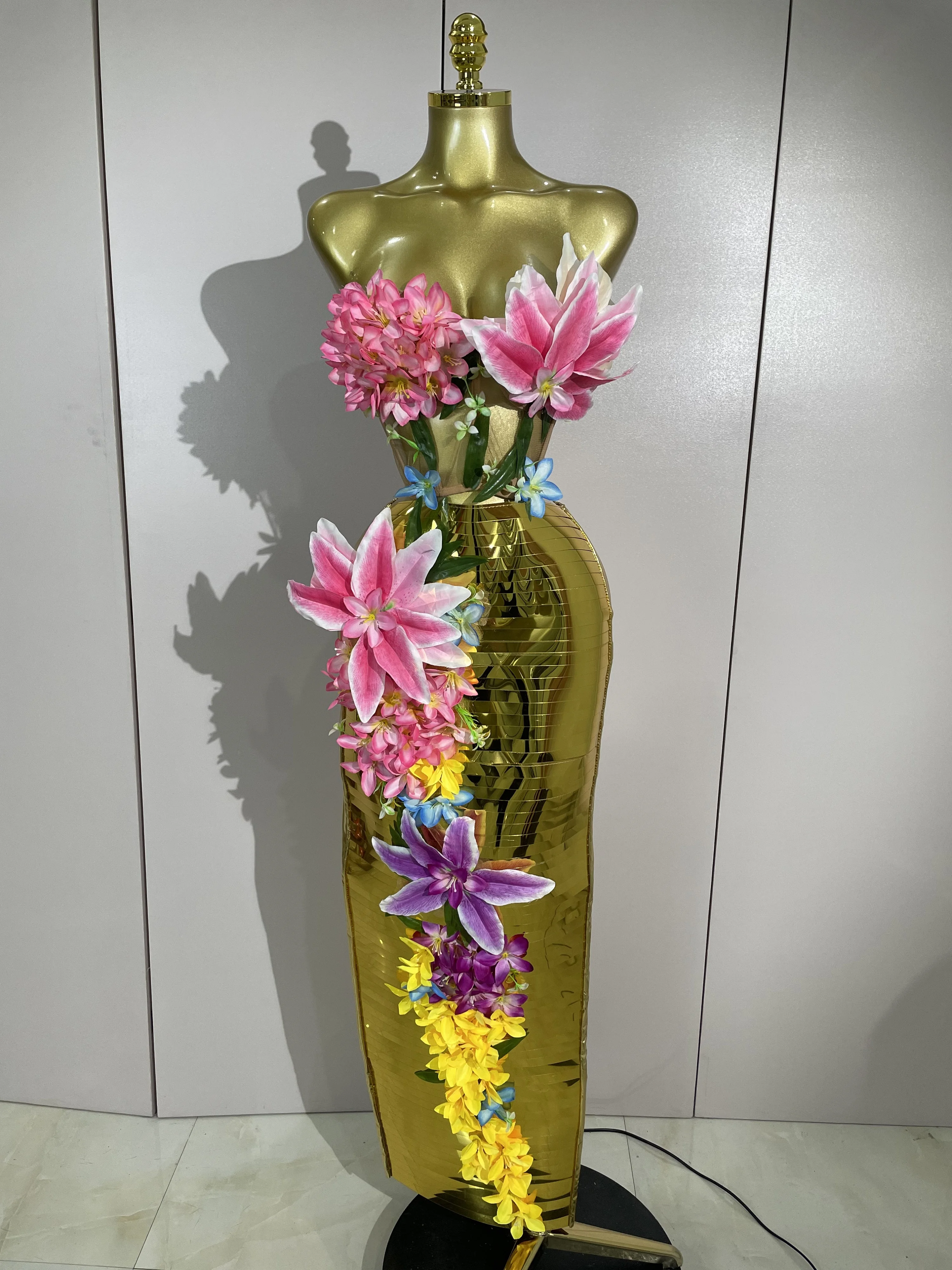 

Women Elegant 3D Flower Golden Mesh Top Bodycon Long Dress Two-Piece Set Evening Party Luxury Birthday Club Bar Stage Costumes