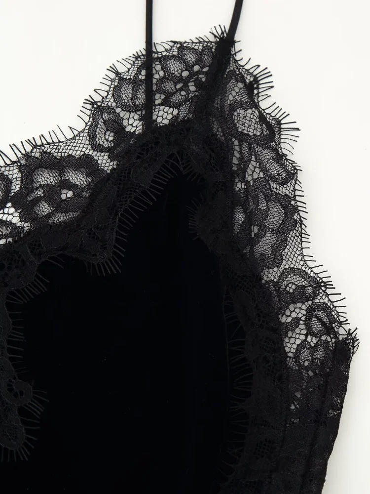 Été col en v sans manches dentelle asymétrique Mini robe licou femmes velours robe à bretelles femme Sexy plage vacances porter 2025