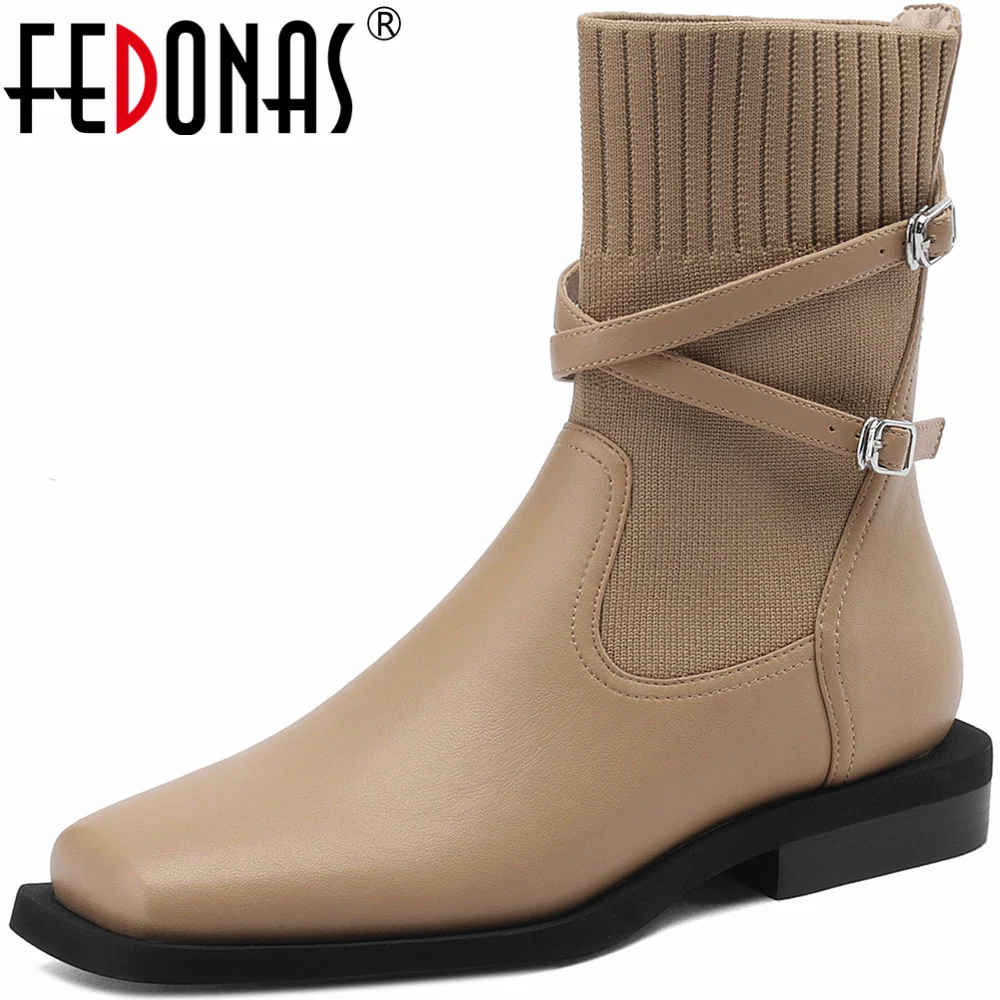 

FEDONAS 2023 Women Ankle Boots Splicing Genuine Leather Low Heels Basic Office Ladies Working Shoes Woman Concise Autumn Winter