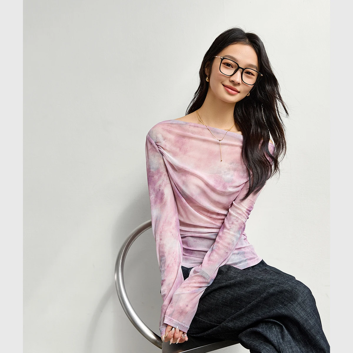 VIMLY vrouwen Gedrukt Mesh T-shirt Dames Elegante Tops 2025 Mode Slim-fit Lange Mouw T-shirt voor Vrouw kleding A0085