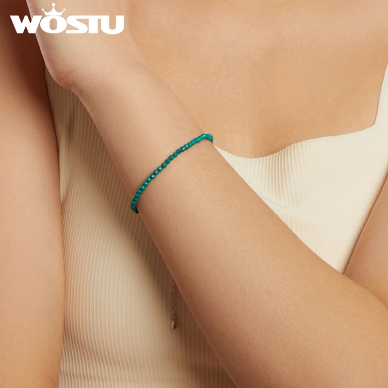 WOSTU 925 Sterling Silver Handmade Blue Green Turquoise Bracelet For Women Stackable Bohemia Chain Links Summer Jewelry Gift