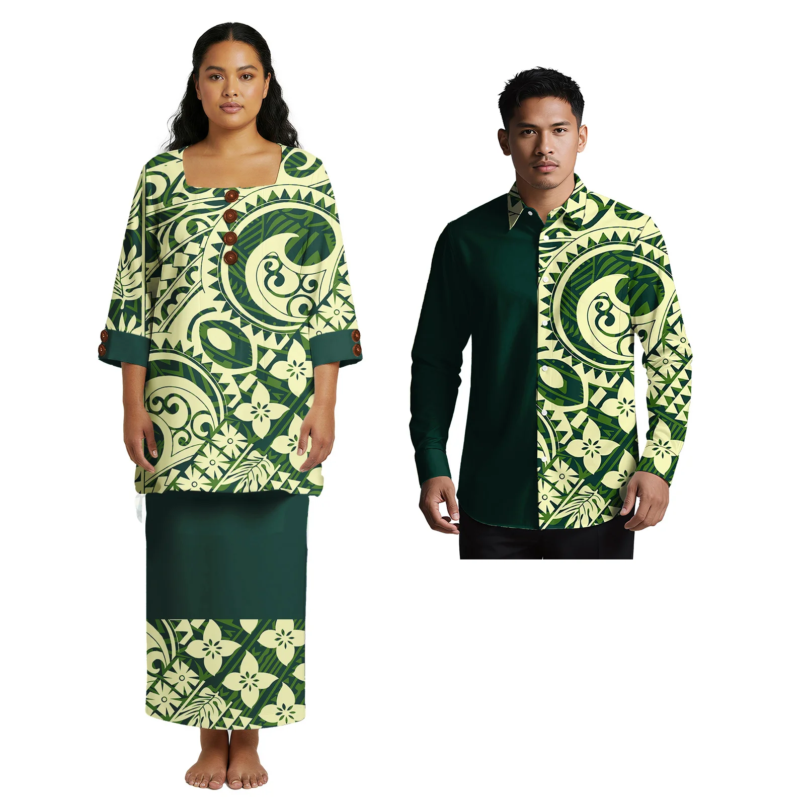 

Комплект одежды с индивидуальным изображением Гавайев и гибискуса, комплект для пары остров Самоа, женское платье пулетаси с квадратным вырезом, мужская уютная рубашка, полинезийская