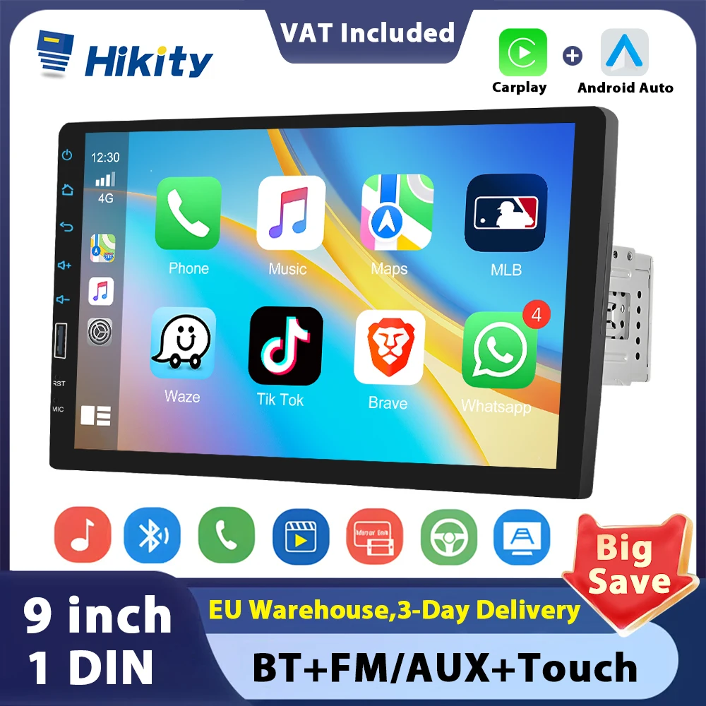 Hikity 9'' Car Stereo Radio 1 Din Carplay Android auto autoradio with Bluetooth FM Radio Receiver Support Mirror Link USB