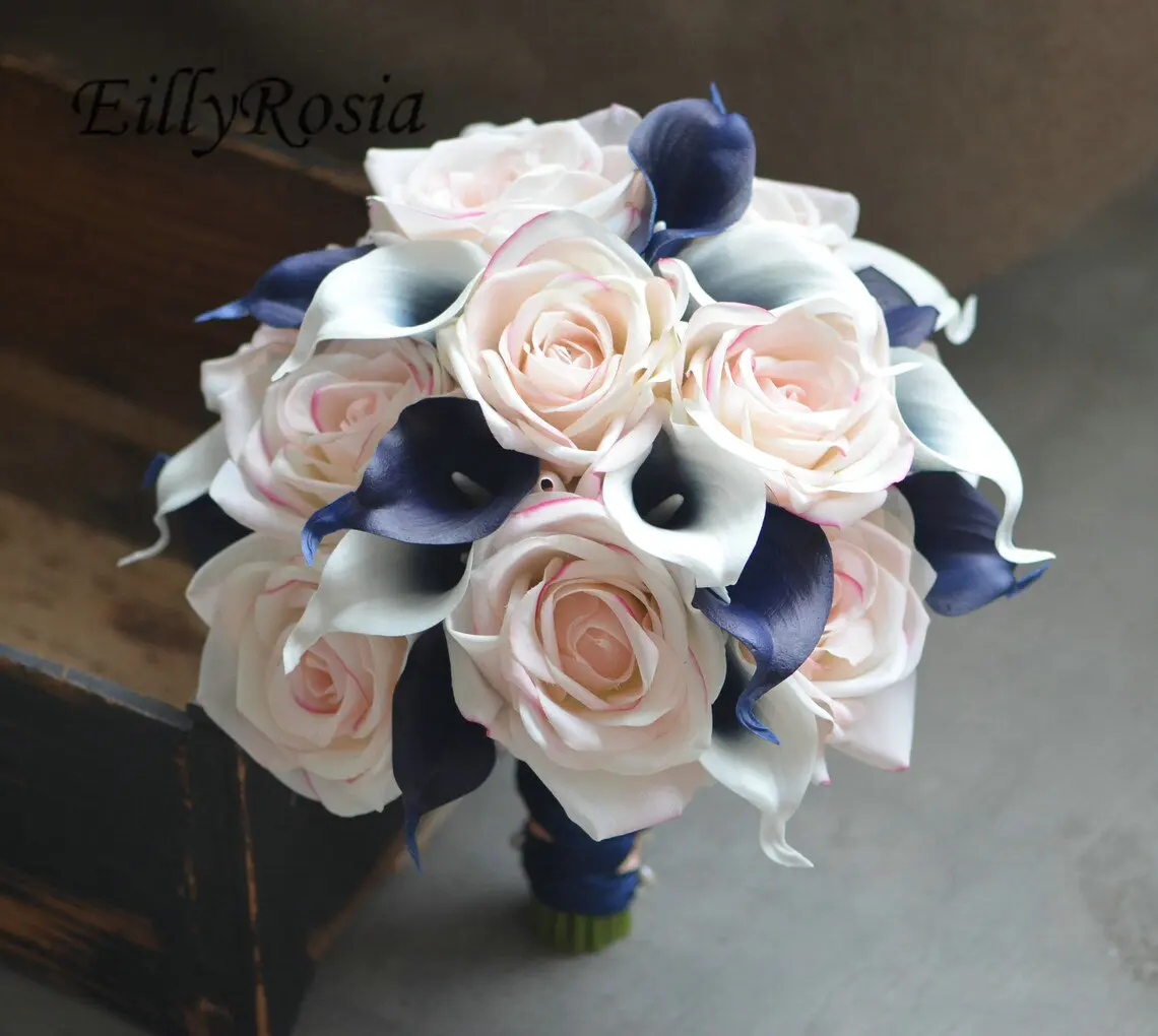 EillyRosia Navy Blue and Pink Cascading Bridal Bouquet Picasso Calla Lily Romantic Artificial Bride Holding Flowers Boho