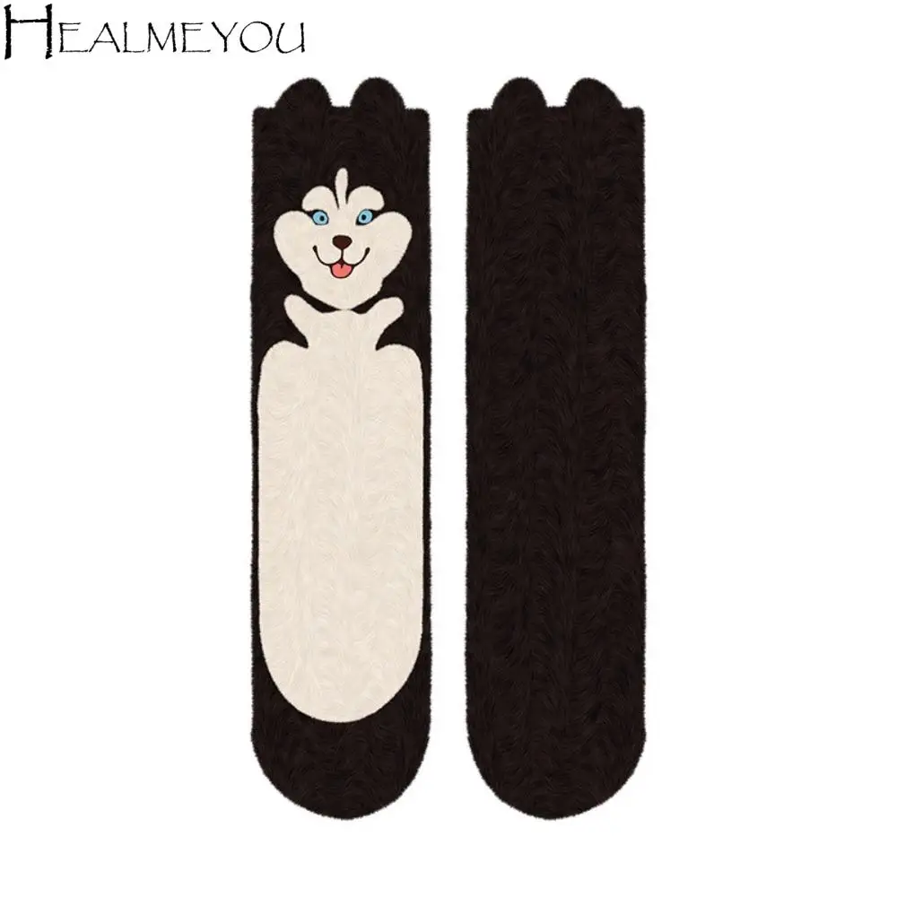 

Kawaii Cartoon Husky Coral Fleece Socks Hedgehog Soft Sleeping Socks Women Hosiery Sweet Thicken Warm Socks Girls