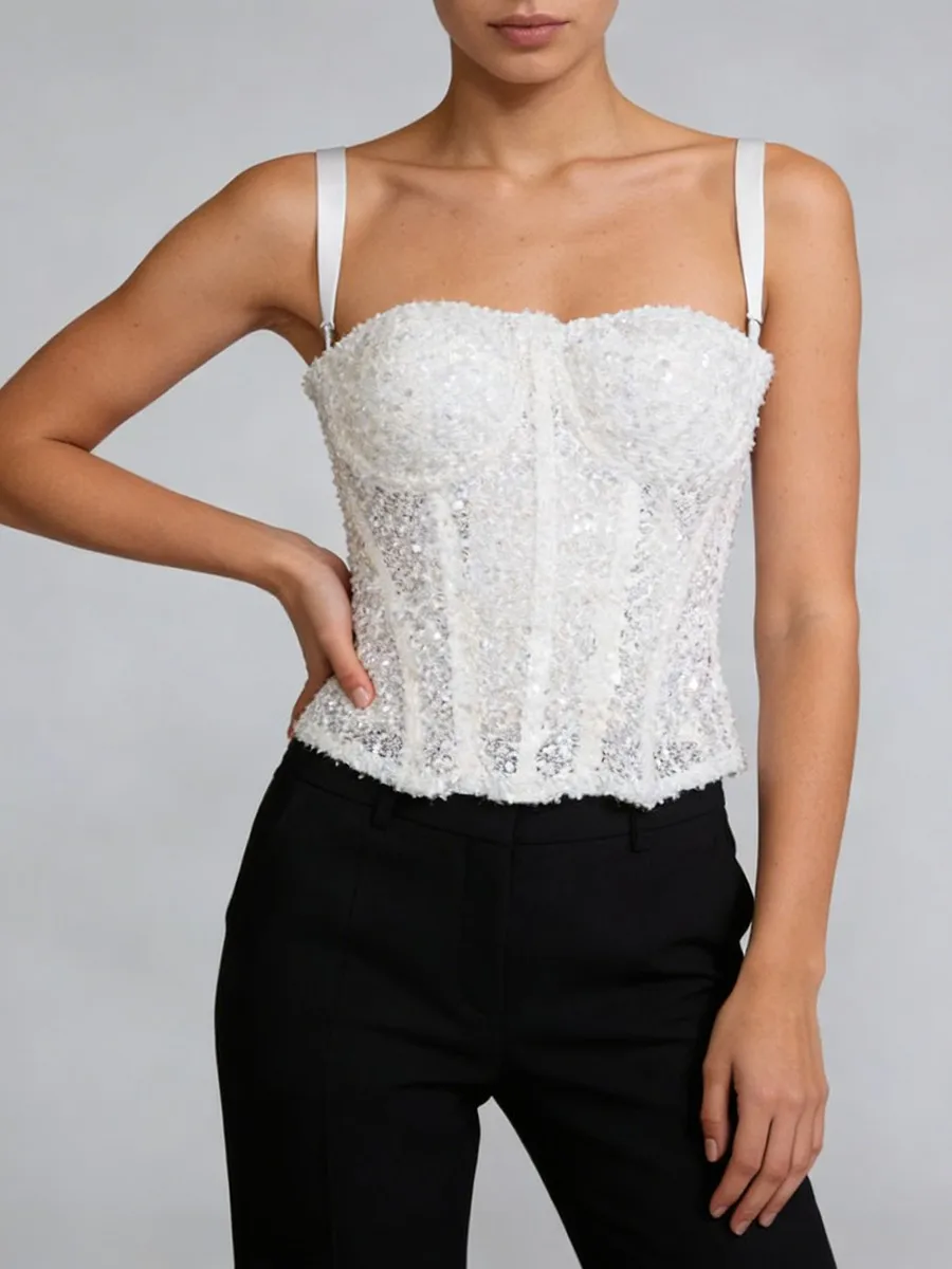 TWOTWINSTYLE Fashion Slimming Spliced Sequins Short Vest for Women Square Neck Sleeveless Tunic Hollow Out Vests Female Clothing