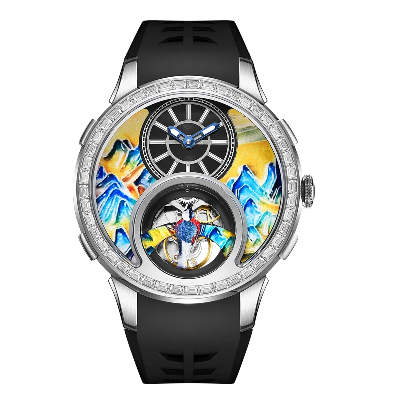 HANBORO Men Automatic Watch Mechanical Wristwatch Luminous Skeleton Enamel carved painted Dial  Sapphire Mirror Crystal Bezel