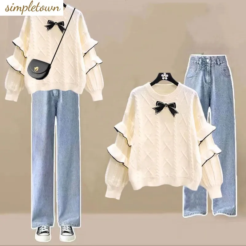 2023 Autumn/Winter Set Korean Loose Knitted Small Fresh Sweater+High Waist Wide Leg Jeans Two Piece Set Fashion