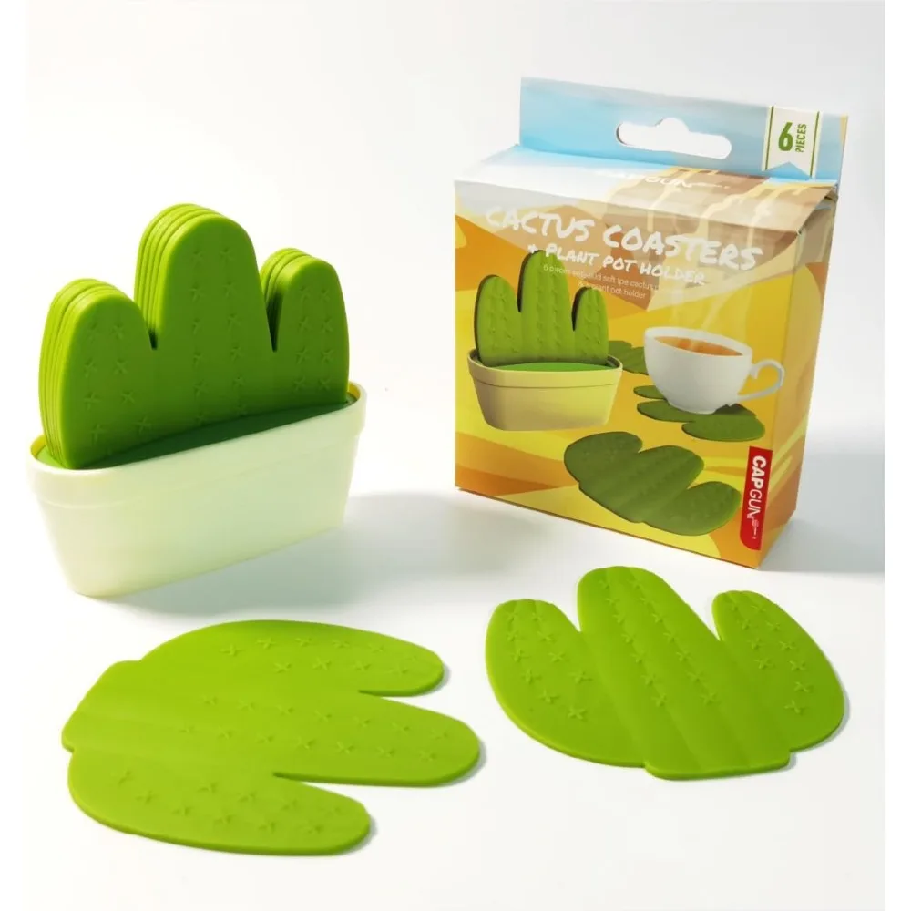 

6-Pack Cactus Coasters With Holder - Soft Non-Slip Drink Coaster Set For Hot/Cold Beverages, Desert-Themed Home/Office Decor Gif