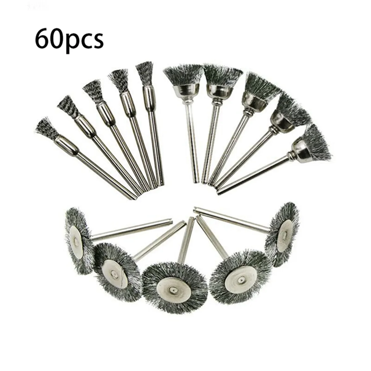 60-Piece Silver Wire Brush Set, Metal Rust Removal Wheel with Handle, Polishing Supplies to Remove Burrs