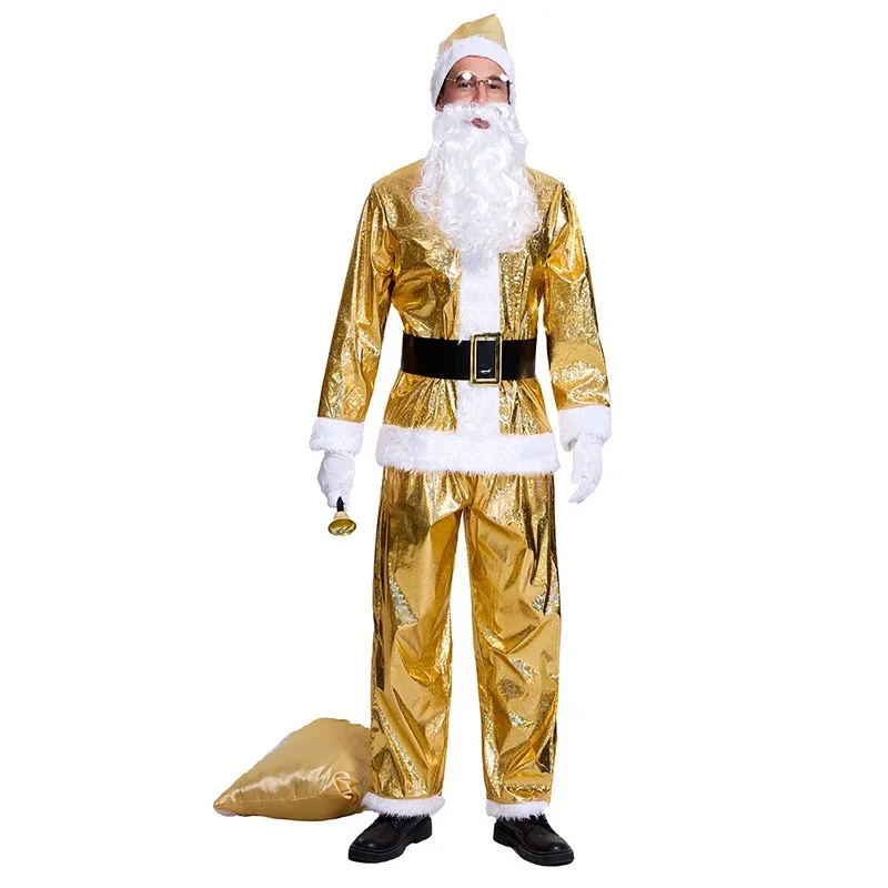 

COSda@Gold Christmas Santa Claus Costume Men Gold Beard Top Cloth Pants Hat Belt Beard Halloween Dress Up Suit Cosplay Festival