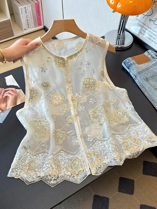New Chinese Style Embroidered Sequin Asymmetric round Neck Vest Women Summer Fashionable Decoration Shoulder Pad Breathable