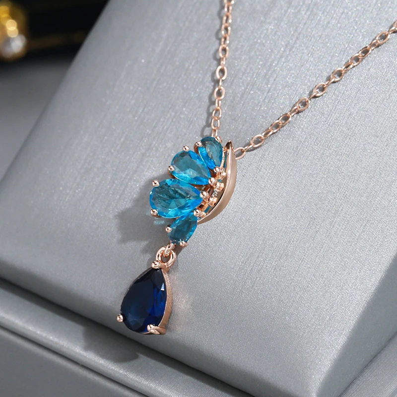 Wbmqda Luxury Blue Crystal Flower Pendant And Necklace For Women 585 Rose Gold Color Vintage Natural Zircon Jewelry Accessories