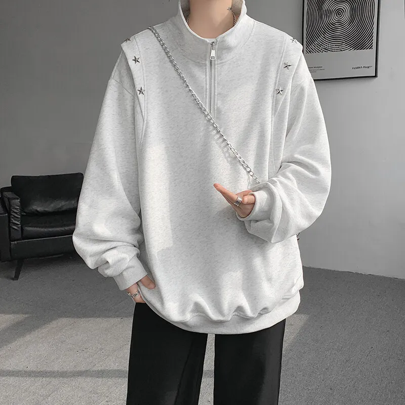 

Men hoodie Stand Collar Half Zip Sweatshirt Star Shoulder Design 2025 New Fashion Casual Streetwear Comfort Athletic Pullover