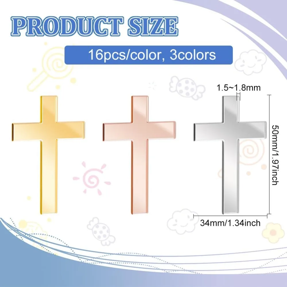 48Pcs Cross Cake Decoration Gold/Silver/Rose Gold Acrylic Cross Cake Topper Mirror Crossing Cupcake Toppers Baptism Cross Cake