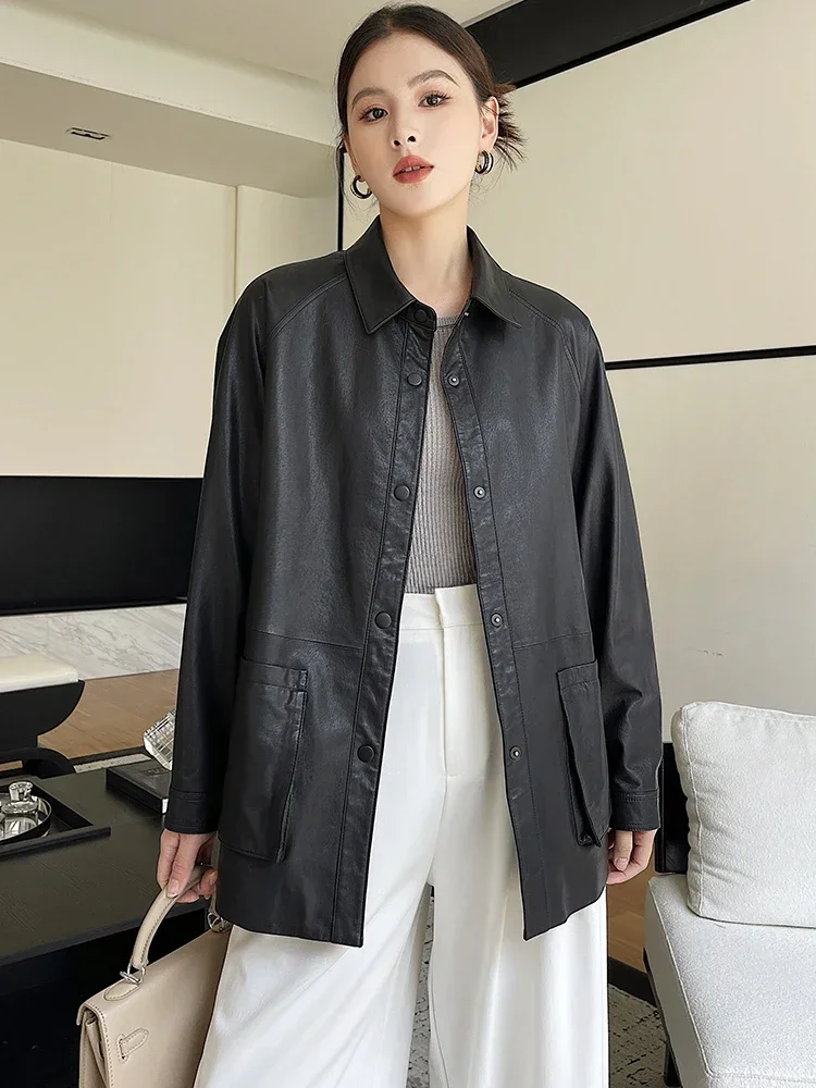 

Casual Oversize Genuine Leather Shirt Jacket Women Spring Autumn Simple Soft Black Real Sheepskin Coat jaqueta feminina de couro