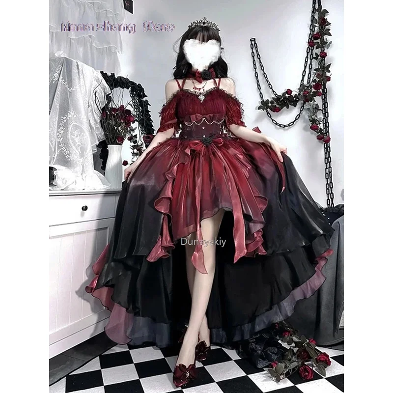 

Dark bride red flower wedding dress cos lolita dress suit Lolita heavy industry Trail puffy princess dress, Lolita cosplay