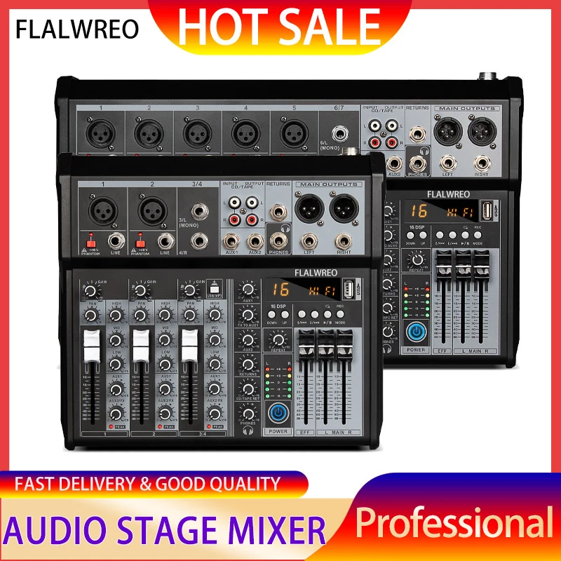 

FLALWREO 4 / 7 Channel Audio Interfacer DJ Mixer Sound Board 99-Bit DSP Effect USB Audio Mixer Effects +48V Phantom for Karaoke
