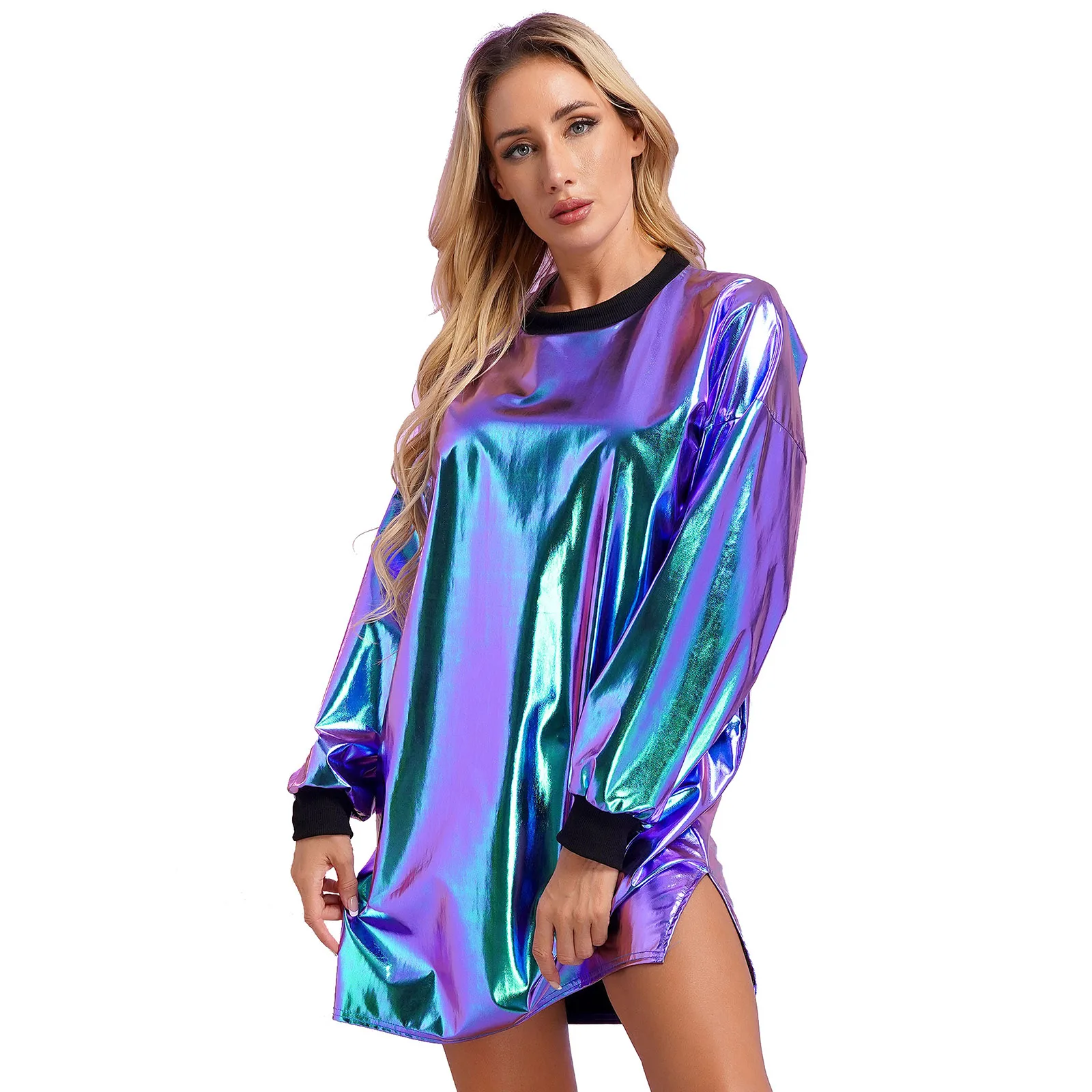 Womens Fashin Metallic Shiny Dress Long Sleeve Loose T-shirt Dresses for Jazz Street Dance Performance Nightclub Music Festival