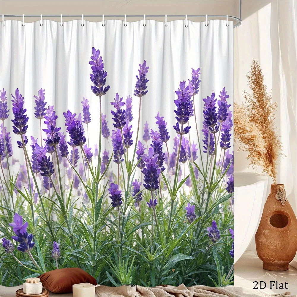 Lavender Field Shower Curtain Purple Flowers and Green Leaves Print Polyester Bath Curtain with 12 Hooks for Calming Decor