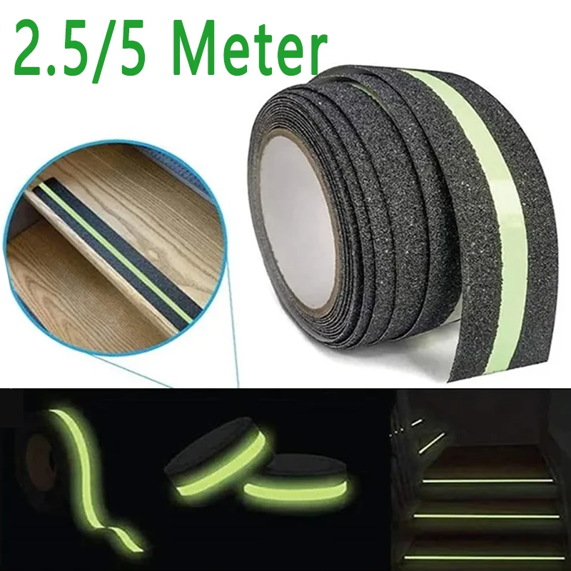 

5CM x 5/2.5M Anti Slip Traction Tape Glow in Dark Green Stripe Friction Abrasive Adhesive For Stair Tread Step Indoor Outdoor