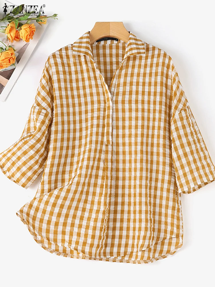 ZANZEA Turn-down Collar Women Shirts Vintage 3/4 Sleeve Textured Gingham Blouses Elegant Casual Loose Tops Autumn Daily Shirt