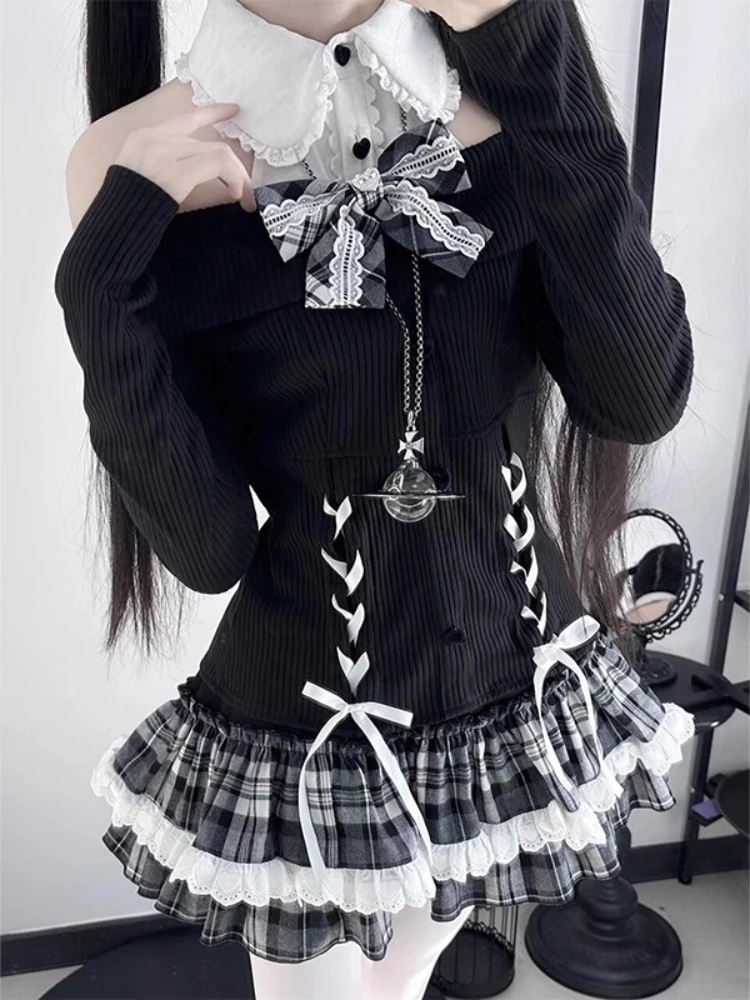 

Японский субкультура, готический комплект Y2k Lolita, комплект из 2 предметов, женский дизайн, свитер с вырезом в виде сладкого банта + клетчатая юбка, корейская одежда в стиле ретро, новинка