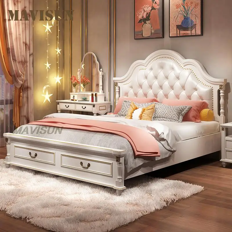 New Light Luxury European-Style Solid Wood Double Bed Headboard Dresser Furniture Set Leather Soft Backrest Sponge King Bed