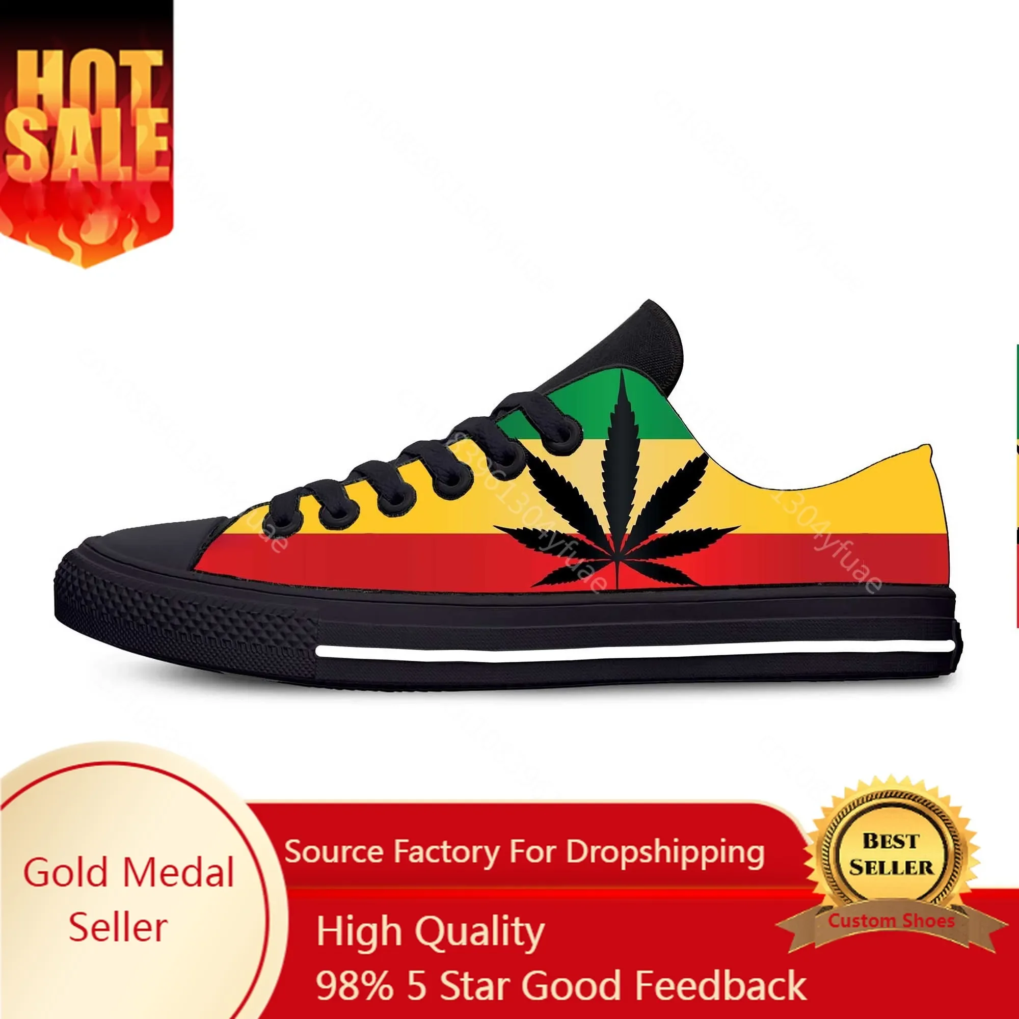 Reggae Rasta Leaf Weed Flag Rastafari Rastafarian Casual Cloth Shoes Low Top Comfortable Breathable 3D Print Men Women Sneakers