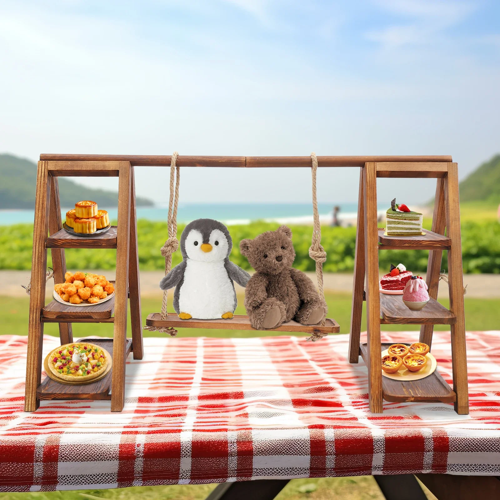 

3-х уровневая деревянная подставка для десерта, деревенская витрина для кексов, сервировочный поднос из массива дерева — емкость 6 кг, идеально подходит для вечеринок, свадеб