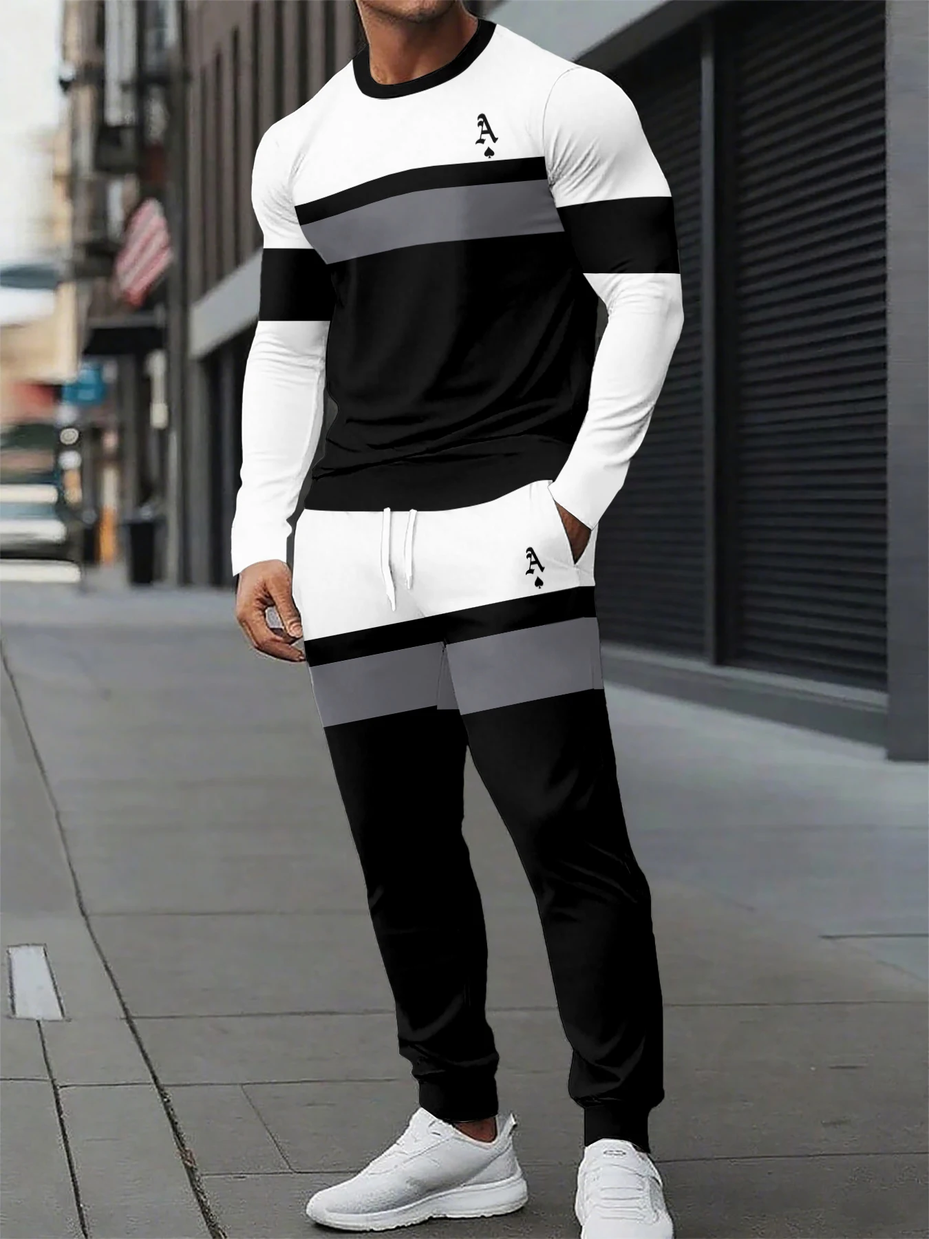 

New men's fashion balanced patchwork print breathable and comfortable round neck T-shirt and pants set outdoor casual wea