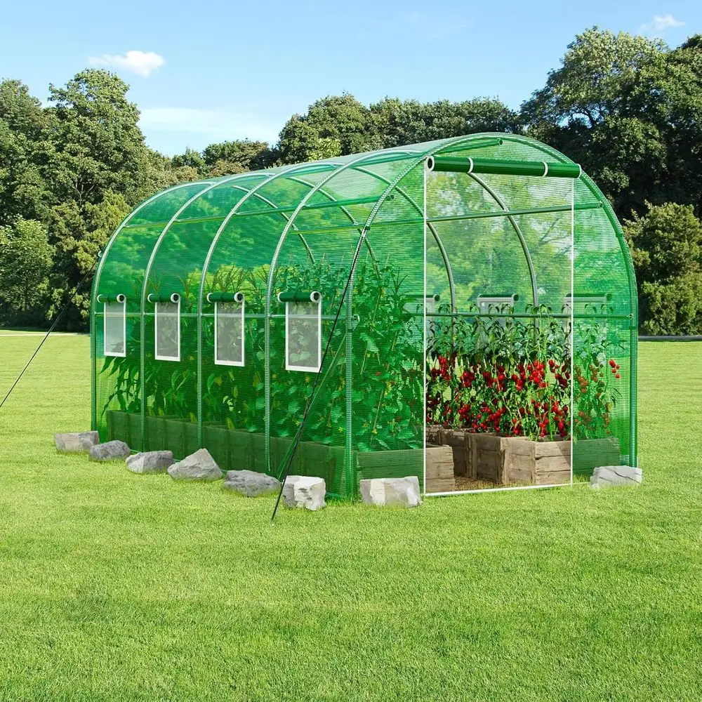 

Комплект для уличного дома с обручем 15x7x7 футов, 8 экранными окнами, толстой полиэтиленовой крышкой и оцинкованной рамой, портативная большая теплица