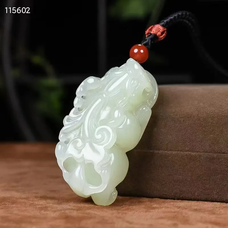 

Natural 100% real white hetian jade carve a mythical wild animal pendant jewellery Handle piece for men woman gifts good luck