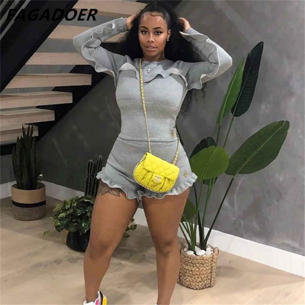 FAGADOER Casual Cute Two Piece Set Ruffles Long Sleeve Top Shorts Women Fashion Ruffled Solid Tracksuits 2pcs Outfits