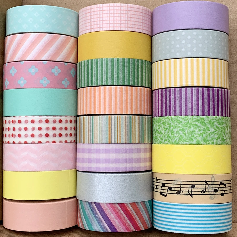 Cinta Washi de diseño básico para envolver regalos, cuadrícula de rayas de puntos para decoración DIY, Color caramelo, serie 1