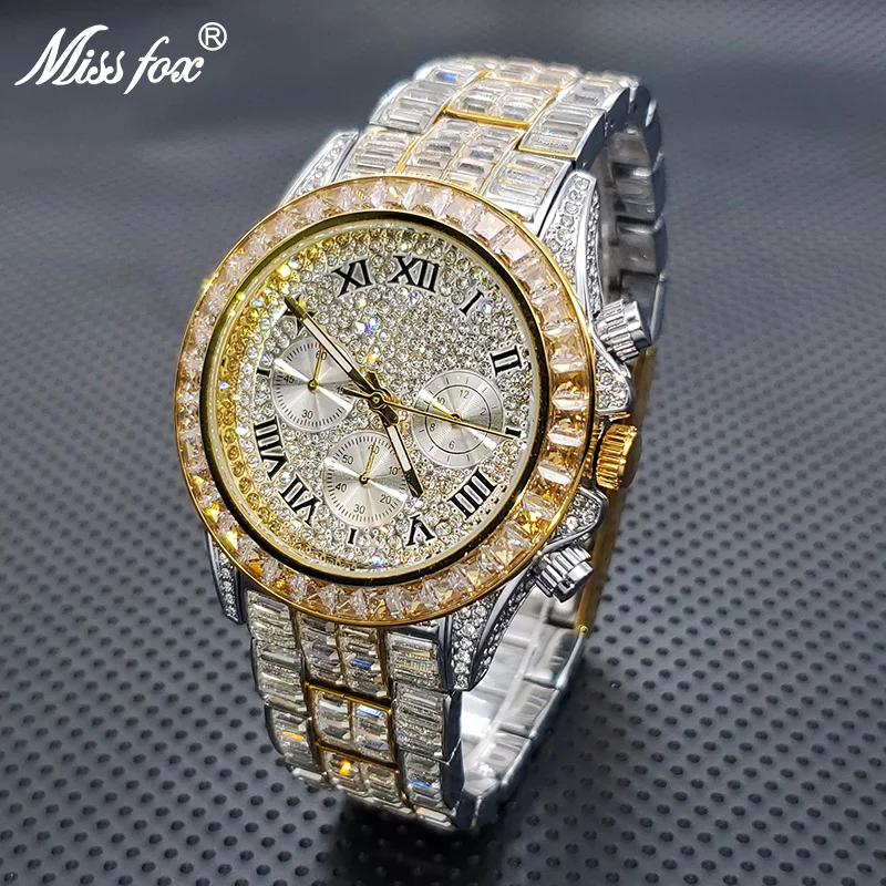 New Luxury Watches For Men High End Steel Bracelet Square Crystal Quartz Watch Hip Hop Chronograph Waterproof Man Clock Hot Sale